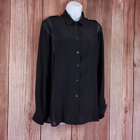 *READ* Gucci Black Sheer Blouse Shirt Studded Epaulets Long Sleeve Button Up - Picture 6 of 16